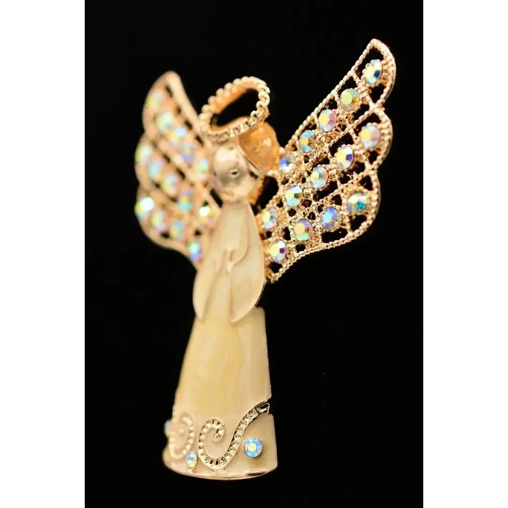 Monet Vintage Crystal Angel Pin Brooch Enamel Gold AB Rhinestone Christmas BinAT